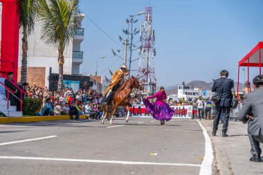 Marinera dansçıları, bir at binicisinin ve renkli kostümlerin yer aldığı bir sivil geçit töreninde geleneksel Peru dansı yapıyorlar. Seyirciler, Peru 'daki folklor, kültür mirası ve ulusal gururu ön plana çıkararak sokaktan izliyor.