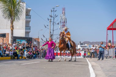 Marinera dansçıları, bir at binicisinin ve renkli kostümlerin yer aldığı bir sivil geçit töreninde geleneksel Peru dansı yapıyorlar. Seyirciler, Peru 'daki folklor, kültür mirası ve ulusal gururu ön plana çıkararak sokaktan izliyor.