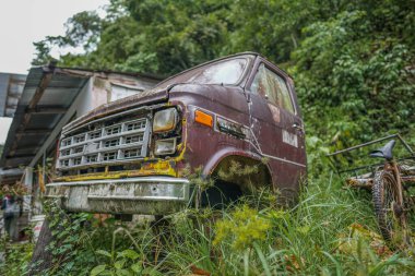 Peru 'nun orman bölgesinde tropik bitki örtüsüyle çevrili terk edilmiş paslı bir minibüs.