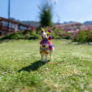 Renkli And alpaka biblosu yeşil çimlerin üzerine yerleştirilmiş ve arka planı bulanık. Geleneksel kültürü, folklorü ve işçiliği temsil eden dekoratif el yapımı nesneler, açık havada gün ışığında çekiliyor.