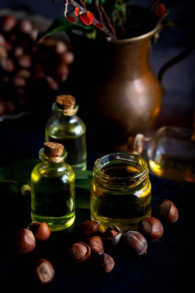 Concept Organic Vegetable Oils Cooking Cosmetology Hazelnut Oil Fresh Nuts — Stock Photo, Image