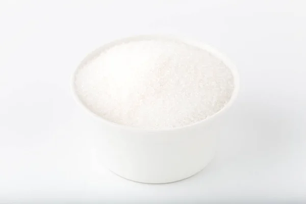Açúcar Granulado Tigela Açúcar Branco Granulado Isolada Sobre Fundo Branco — Fotografia de Stock