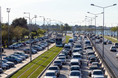 Izmir- Turkey - 04-22-2021: Hours of heavy traffic in the evening in Izmir city center.