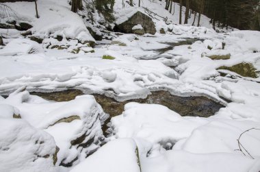 Donmuş nehir, su buzla kaplıydı, beyaz kar düştü. Kış görünümü