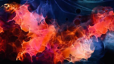 Ateşli tasarımı olan soyut mavi ve kırmızı sıvı sanat, alkol mürekkebi dokusuyla siyah arkaplan çizimi