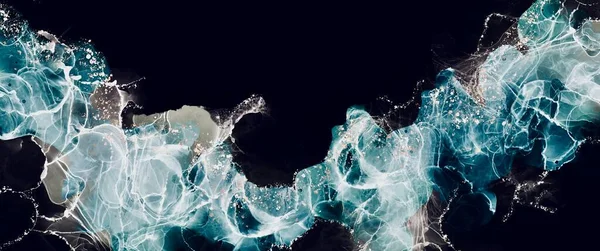 Siyah zemin üzerinde yıldırım deseni olan soyut sıvı, mavi ve turkuaz renk, basım için parlayan alkol mürekkebi tasarımı duvar kağıdı.