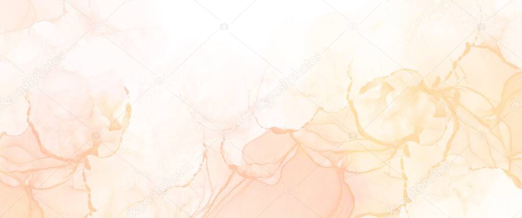 Soft fluid art with luxury alcohol ink with white white copy space, abstract background texture with peach accent, hand painted graphic banner