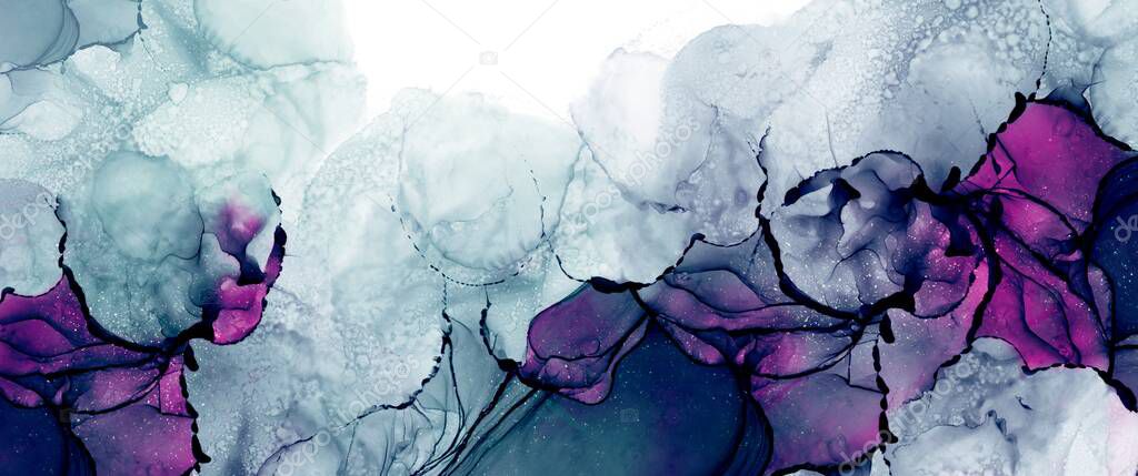 Modern hand painted artwork of abstract transparent alcohol ink background with purple and blue accent