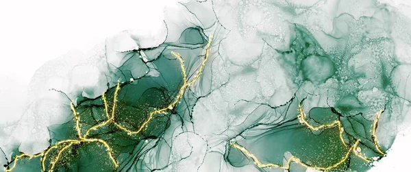 Soyut yeşil ve altın rengi mürekkep arka planı, modern sıvı doku sanatı, suluboya dekorasyon, basılı malzemeler için popüler boya duvar kağıdı.