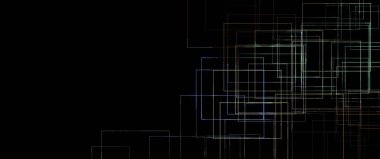 Parlak geometrik elementlere sahip minimal siyah arkaplan, tuvalin sağ tarafında kare vuruşlar, modern duvar kağıdı.