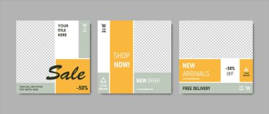 Temiz, düzenlenebilir sosyal medya şablonları sarı ve gri renkli, kontrast aksanlı. Çevrimiçi reklam veya fb ve instagram için olası modern iş alışveriş afişi grafikleri