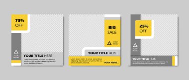 Sosyal medya paylaşımı için kare web pankartı. Kontrastlı mor renkli ve brish elementli Instagram şablonu. E-dükkan veya satıcı için iş planı, gayrimenkul.