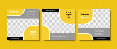 Temiz sosyal medya şablonları vektör modayı tasarımı, yuvarlak elementli karşıtlık sarı gri siyah renk, dijital pazarlama için soyut grafik, ürün teklifi, iş planları fb ve instagram