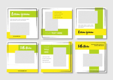 Sosyal medya paylaşımı için kare web pankartı. Kontrastlı mor renkli ve brish elementli Instagram şablonu. E-dükkan veya satıcı için iş planı, gayrimenkul.