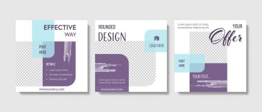 Temiz sosyal medya şablonları vektör trend tasarımı, yuvarlak köşeli elementlerle kontrastlı mor menekşe rengi, dijital pazarlama için soyut grafik, ürün teklifi, iş planları fb ve instagram