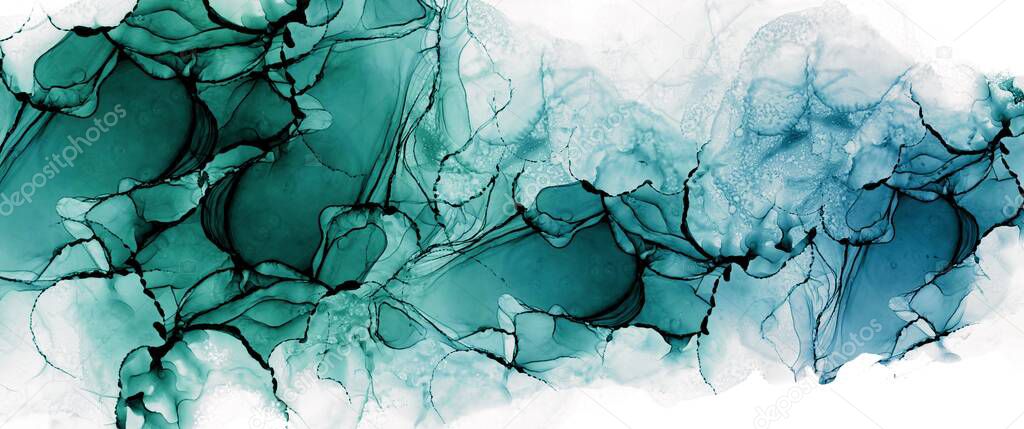 turquoise and blue alcohol ink background, modern fluid texture with black paths, wall art design, luxury decoration for print, wallpaper graphic