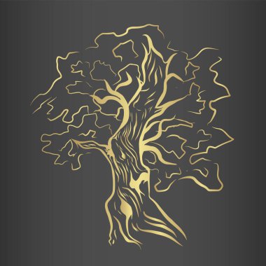 Soyut kontrast altın çizgili aile ağacı ve güçlü kabile çizimi, karanlık eğilimli arka planı olan vektör, güçlü temalı pozitif resim, güç, kökler.