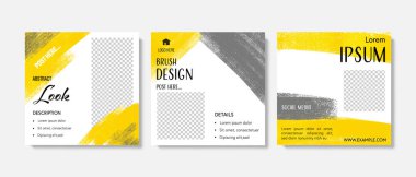 Basit soyut fırça sosyal medya şablonları modaya uygun sarı ve gri arkaplan elementleriyle paketlenir. Fotoğraflar ve ürün teklifleri için yeri olan iş için Facebook gönderileri