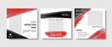 Temiz ve zarif sosyal medya şablonları kırmızı ve siyah fırça arkaplan elementleriyle dolu. Fotoğraflar için yeri olan iş için Instagram gönderileri