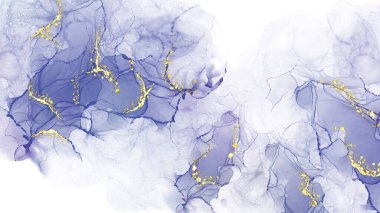 Orijinal soyut alkol arkaplanı. Mor renkli, eşsiz sıvı sanat eseri. Katmanlı organik doku, altın elementler, watecolor, elle çizilmiş, boyanmış, modaya uygun sıvı duvar kağıdı