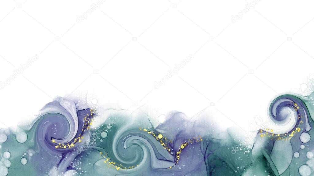 Abstract alcohol ink background wirh twirl effect. Original fluid art with purple and creen colors. Organic texture, colored bubbles, golden elements, watecolor, hand drawn, painted, liquid