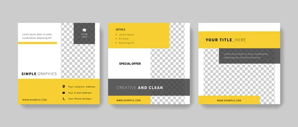 最小限のソーシャルメディアテンプレート 黄色と灰色の色の広告のための正方形のウェブバナー InstagramやFacebookの ビジネス目的のための編集可能なグラフィック — ストックベクタ