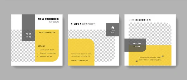 Sarı ve gri aksanlı temiz ve organize sosyal medya şablonları, karşıtlık unsurları, fotoğraf için daire yeri olan basit modern facebook düzeni, minimal fikirli kare grafik tasarımı