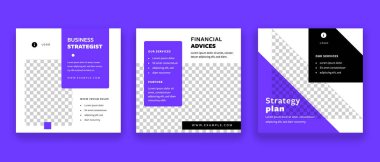 Mor arkaplan unsurları olan temiz sosyal medya paylaşımları. Metin ve fotoğraf için yeri olan ciddi şirketler için kare vektör grafiği. Modern şirket tasarımları seti