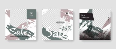 Sosyal medya şablonlarını soyut arkaplan ve fotoğraf çekilecek yer olarak sat. E-dükkan ve çevrimiçi satıcılar için moda tasarım vektör illüstrasyonu