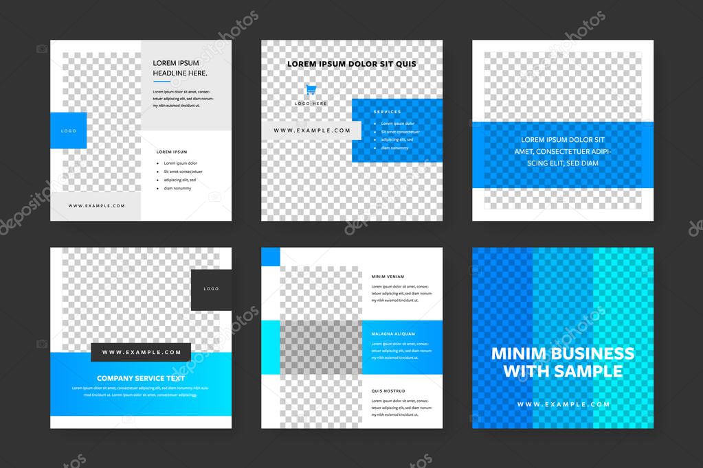 Modern set of social post templates with shades of blue. Square vector banners for business
