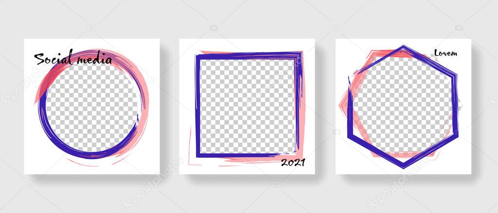 Abstract frame social post for facebook and instagram. Social media post templates with place for photos. Geometric shapes with blue and pink accent