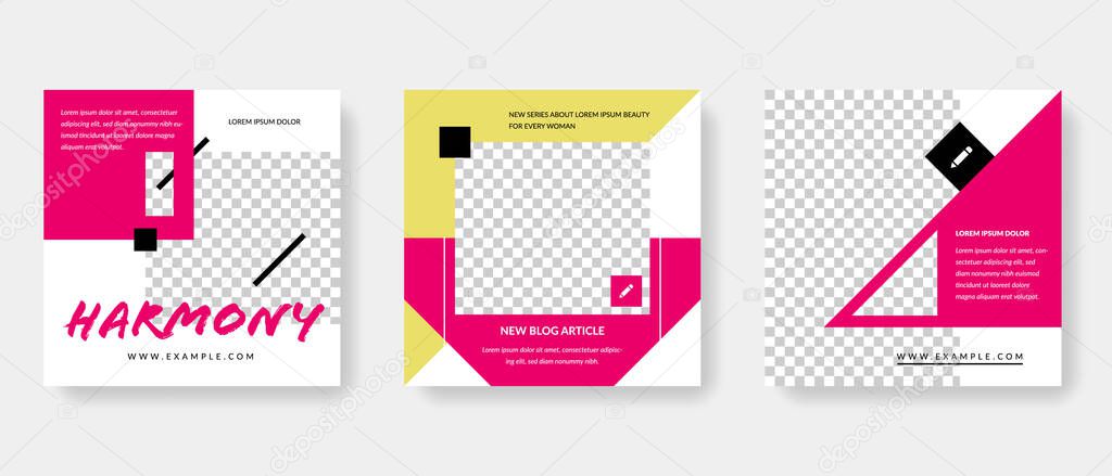 Creative and abstract social media post templates set. Editable square graphic design for bloggers and influencers
