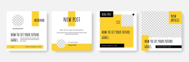 Blogcular ve etkilenenler için en az sosyal medya şablonu, makale tanıtımı için sarı kare düzenler, seo uzmanları