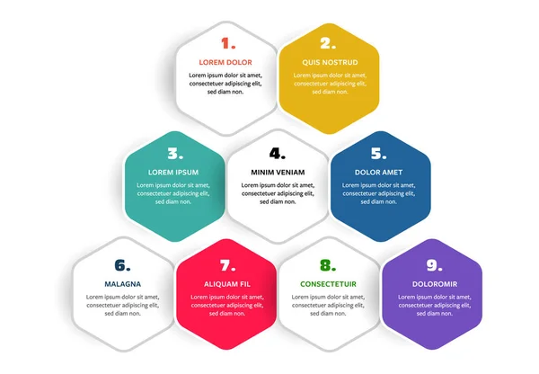 Infografía Hexágono Con Fondos Colores Panel Información Moderno Con Opciones — Archivo Imágenes Vectoriales