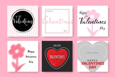 Instagram ve facebook, kalpleri ve geometrik şekilleri olan pembe ve kırmızı tasarım unsurları için sevgililer günü sosyal medya grafikleri dizaynı