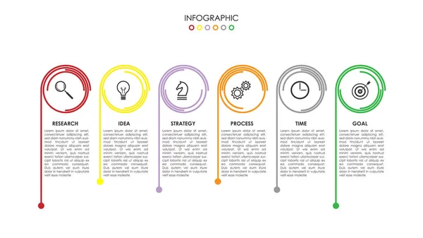 信息矢量六步彩色内衬圆形结构与钟摆 用于表示业务概念的聪明而简单的图表 — 图库矢量图片