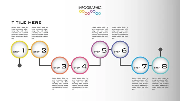 具有8步彩色结构的信息向量 具有与直线相连的双圆 业务概念和计划的简图 — 图库矢量图片