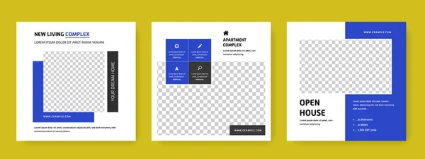Fastigheter Sociala Medier Mallar Med Blå Accent Fyrkantig Facebook Och — Stock vektor