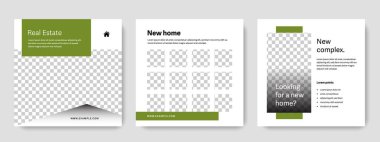 Emlak için düzenlenebilir sosyal medya düzeni, yeşil aksanlı grafik şablonlar satmak, fotoğraf için yer, ajanlar için tasarım