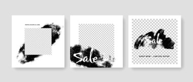 Fırça tasarım elemanları, vektör instagramı ve beyaz arkaplanlı facebook şablonları içeren siyah soyut sosyal medya kare yerleşim birimleri