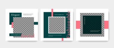 Fotoğraflar için yeri olan yeşil sosyal medya düzeni, çevrimiçi satıcılar için moda şablonları, iş amaçlı kare afişler