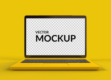 Sarı arkaplanda sarı kişisel dizüstü bilgisayar POV 'u, kil tasarımı, fotoğraf yerleştirmek için ekranı olan bilgisayar