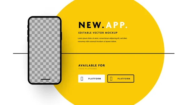 Sarı çember arkaplana sahip temiz akıllı telefon modeli, yeni uygulama tanıtımı, fotoğraflar için yeri olan mobil pazarlama aracı, düzenlenebilir iş şablonu