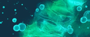 Mavi, yeşil ve turkuaz renkli soyut alkol arkaplanı. Koyu mavi duvar kâğıdı ve baloncuklar üzerine deniz dünyası el yapımı sanat eserleri.