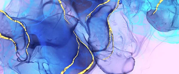 酒精油墨抽象背景水彩笔笔划 蓝色和紫色口音 创意手绘艺术 金黄色小径 时尚壁纸 — 图库照片