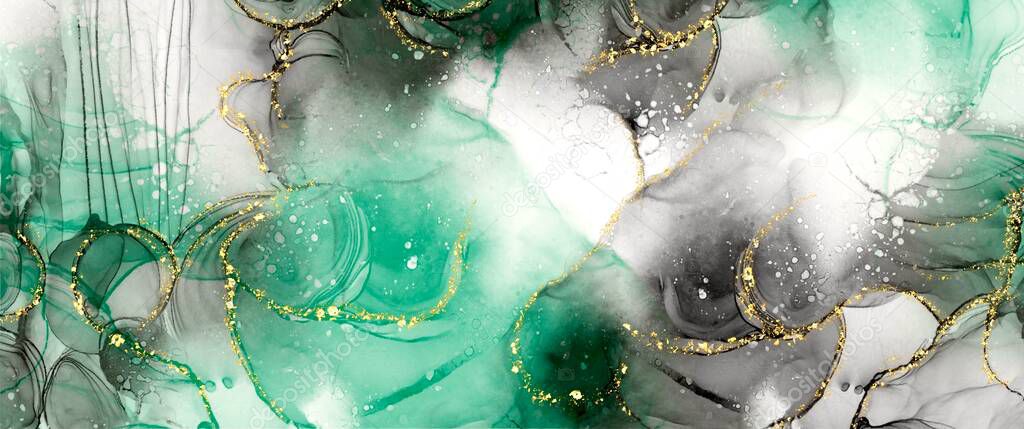 Alcohol ink background with shiny gold elements, liquid texture art, wallpaper, paint, picture, hand drawn artwork, green and black accent