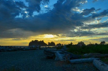 Washington sahilindeki nefes kesici LaPush Sahili 'nde gün batımı. Olimpiyat Ulusal Parkı 'na komşu..