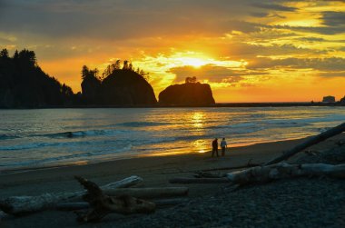 Washington sahilindeki nefes kesici LaPush Sahili 'nde gün batımı. Olimpiyat Ulusal Parkı 'na komşu..