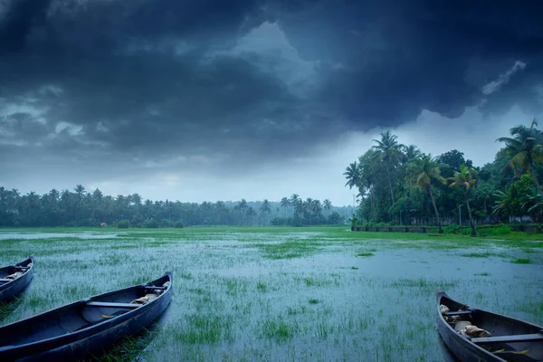 Wooden Boats Paddy Field Flooded Heavy Rain Beautiful Landscape Photography — Zdjęcie stockowe