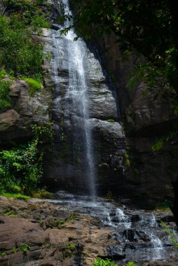 Tepenin tepesinden su düşüyor. Athirapally şelaleleri, Kerala, Hindistan.